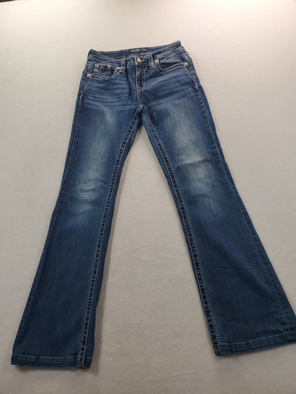 Vtg Miss Me Jeans Sz 28 Mid-Rise Boot Rhinestone & Feather On Back Pocket